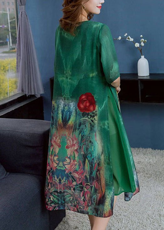 Green O Neck Print Patchwork Chiffon Dress Summer
