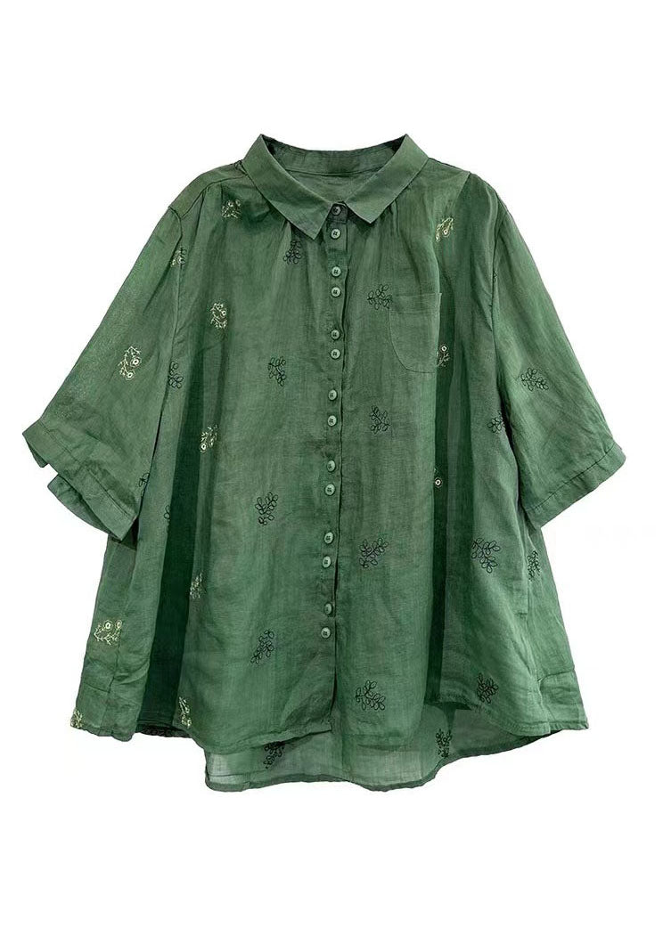 Green Peter Pan Collar Embroideried Patchwork Cotton Shirts Top Summer