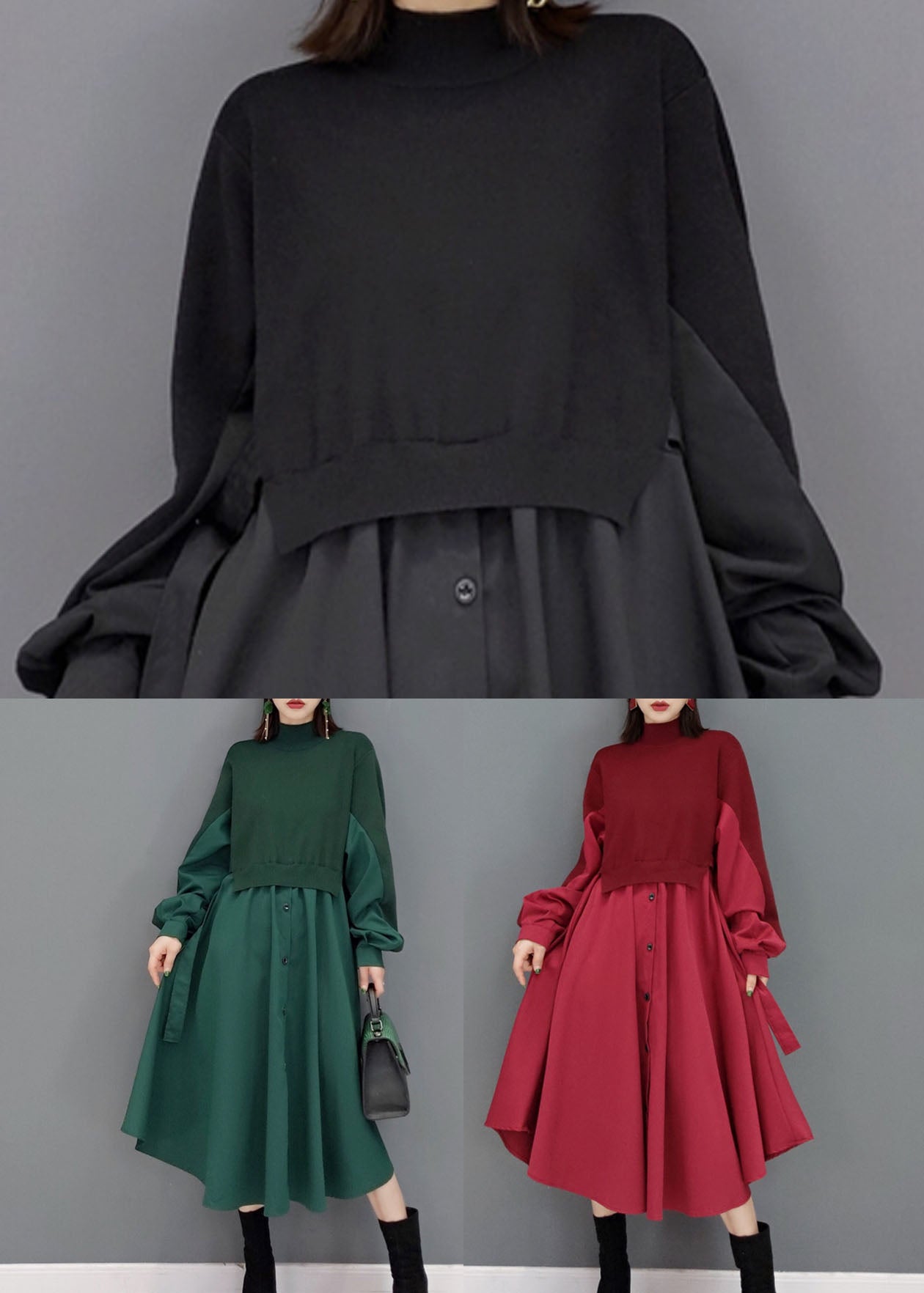 Green Stand Collar Patchwork Knit Cotton Shirt Dress Long Sleeve
