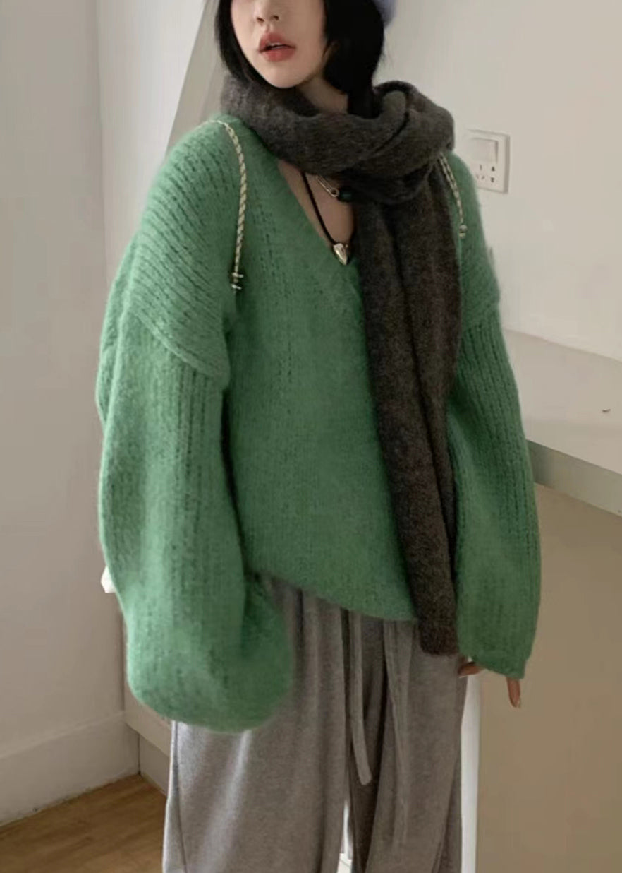 Green V Neck Cotton Knit Sweaters Long Sleeve