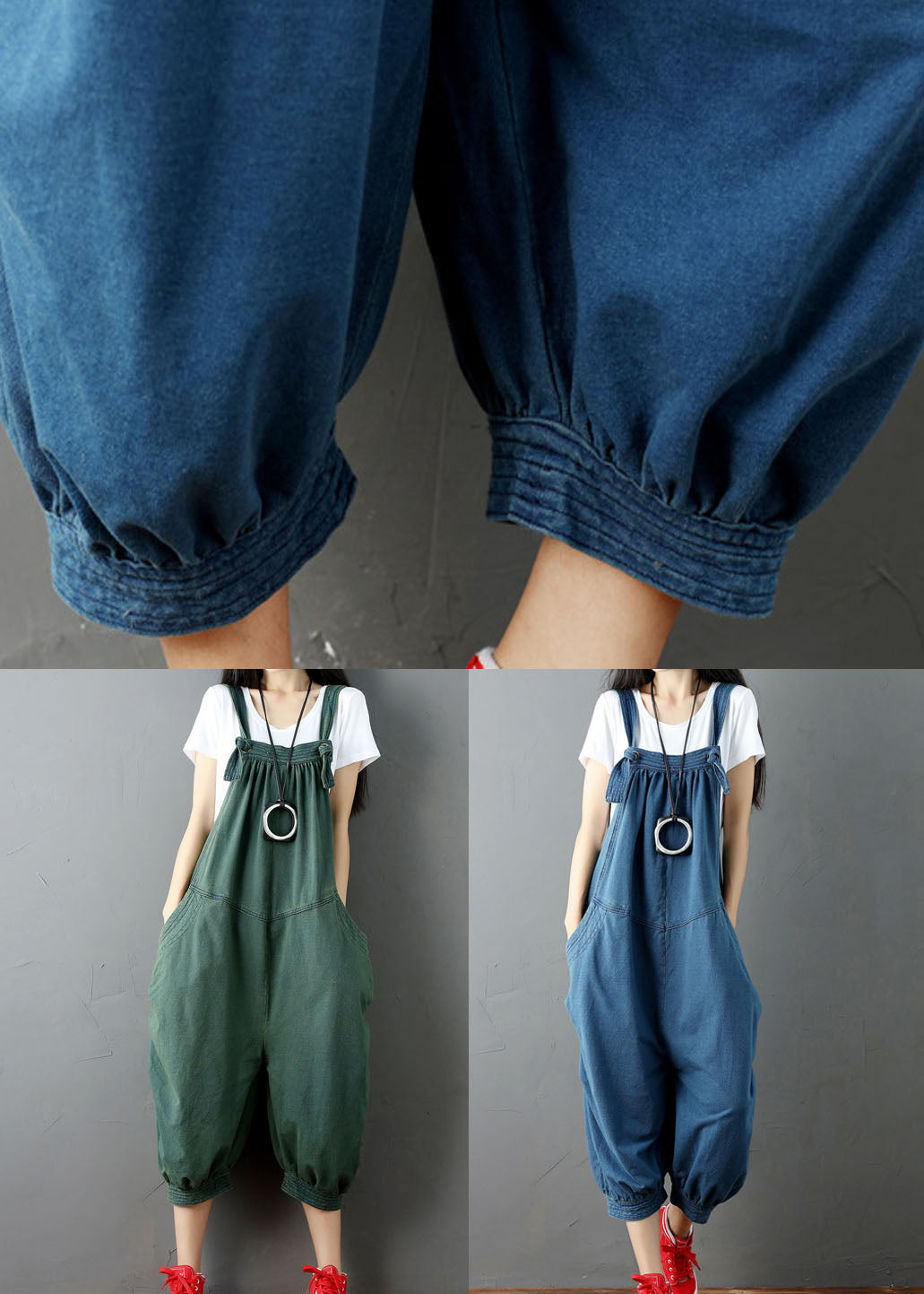 Green Wrinkled Patchwork Denim Jumpsuit Pants Summer