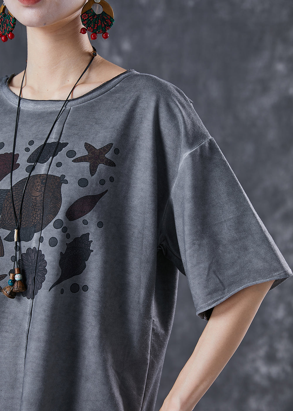 Grey Asymmetrical Patchwork Applique Cotton Two Pieces Set Summer