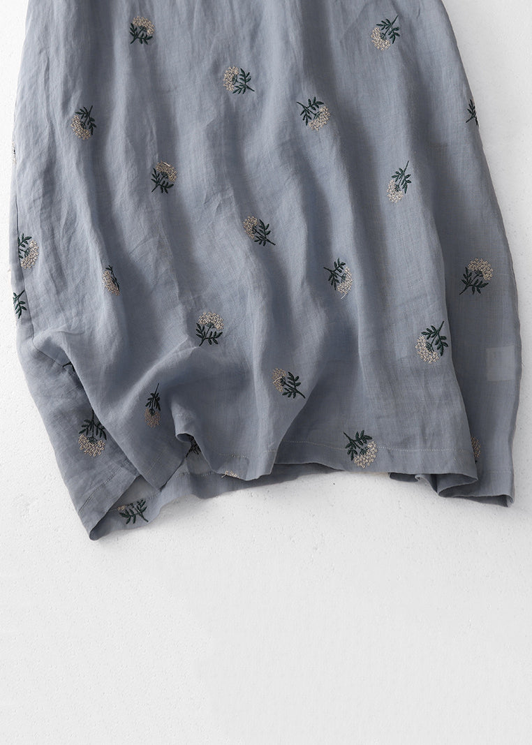 Grey Embroidered Button Cotton Dresses Half Sleeve