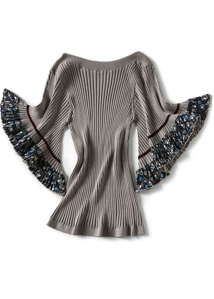 Grey O-neck Thick Print Knit Sweater Tops Flare Sleeve