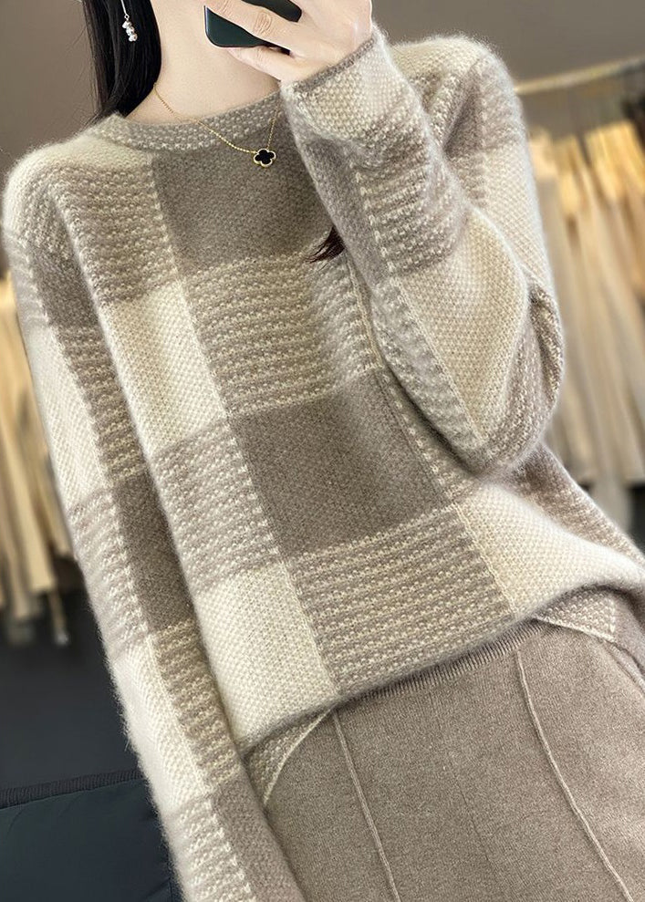 Grey Plaid O Neck Cozy Sweaters Long Sleeve