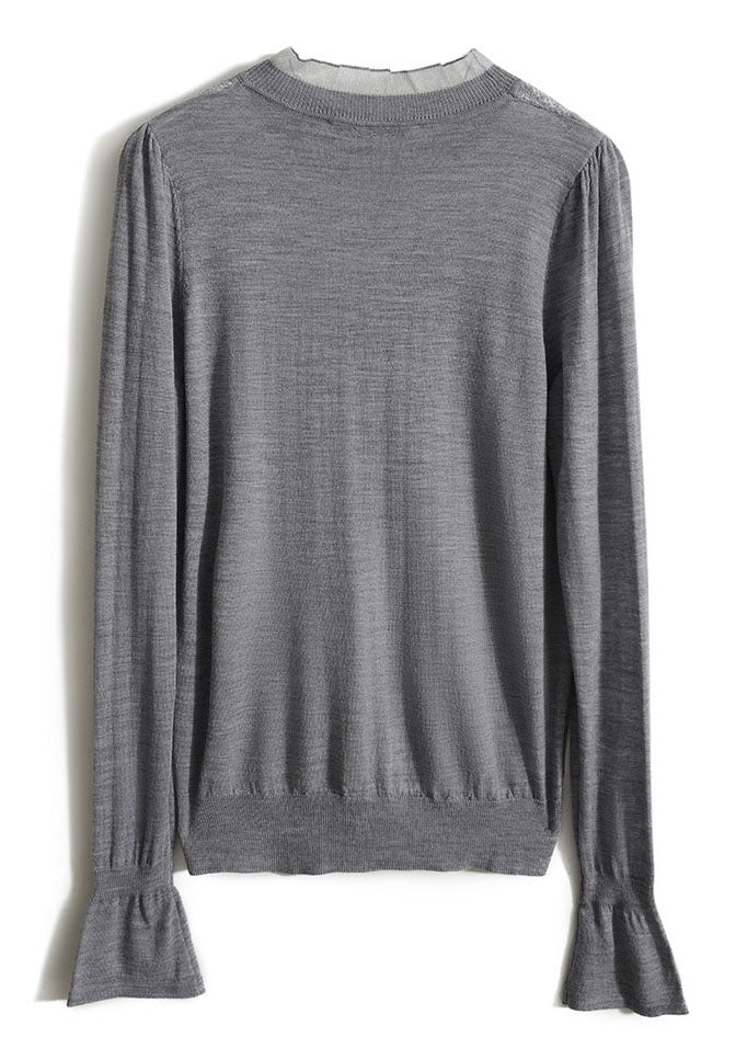 Grey Ruffled Patchwork Hollow Out Knit Shirts Spring