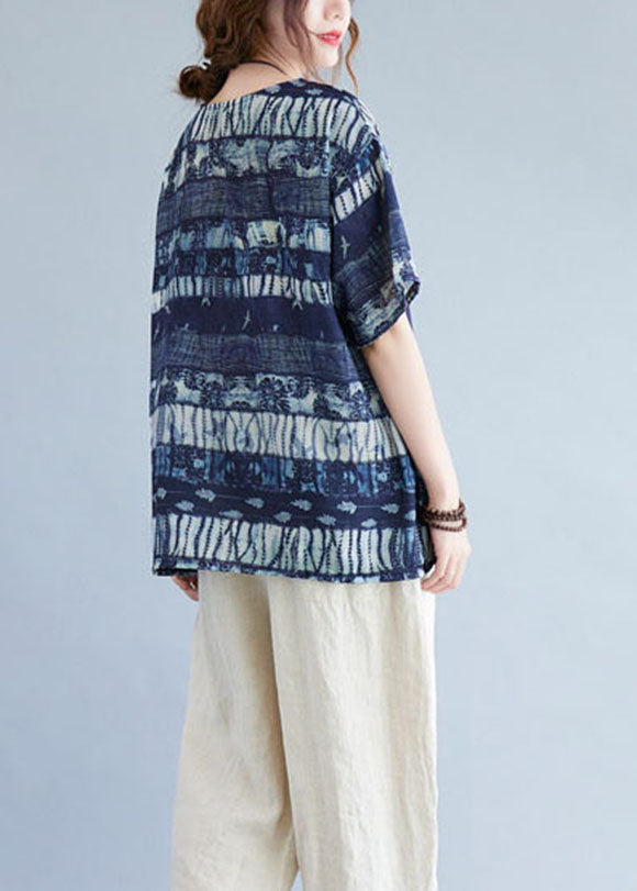 Ink Blue O Neck Patchwork Cotton T Shirt Top Summer