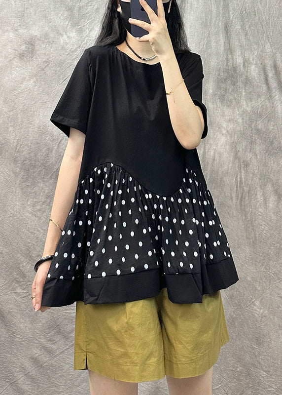 Khaki O Neck Dot Patchwork Cotton T Shirts Top Summer