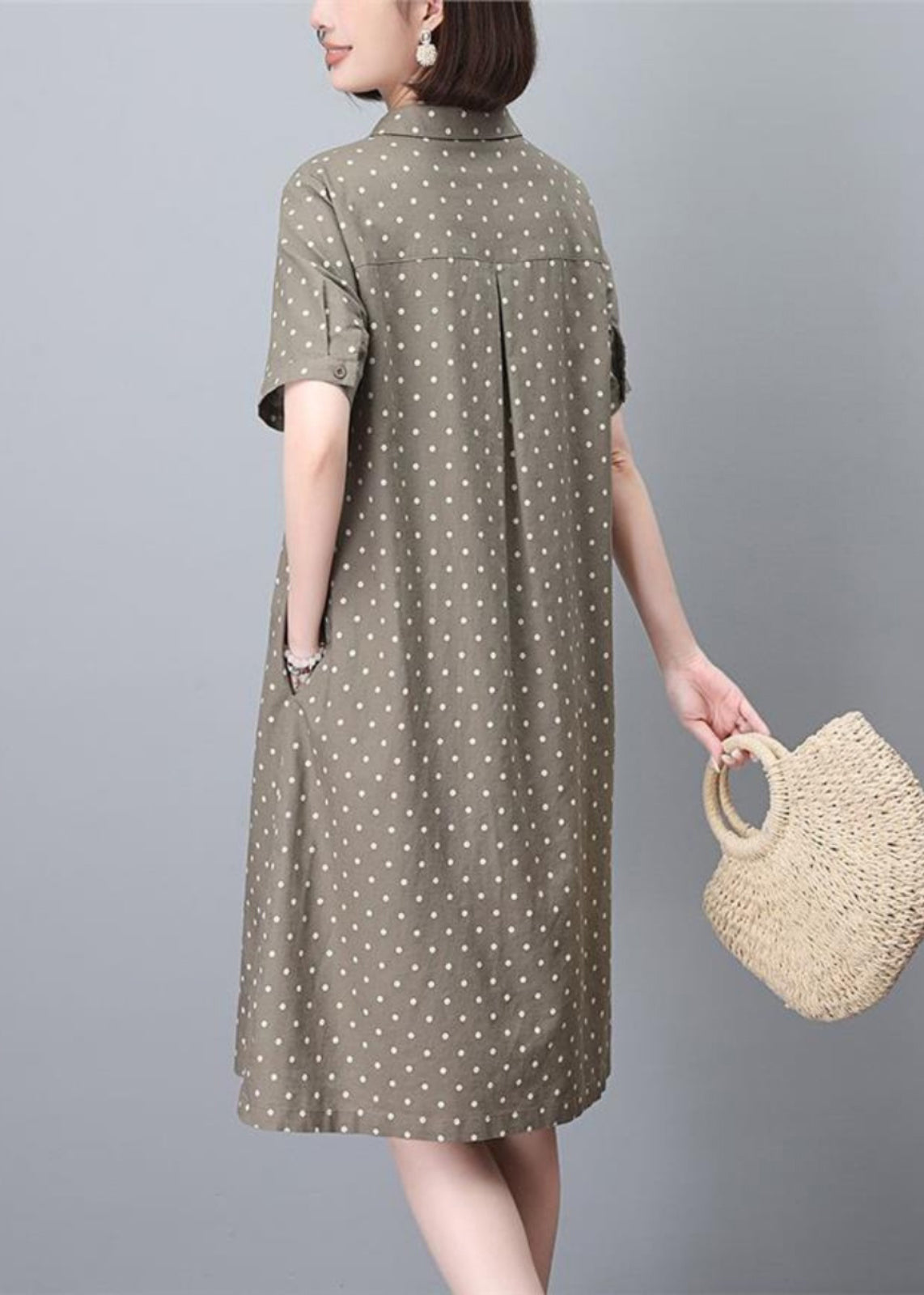 Khaki Peter Pan Collar Dot Print Work Dress Summer