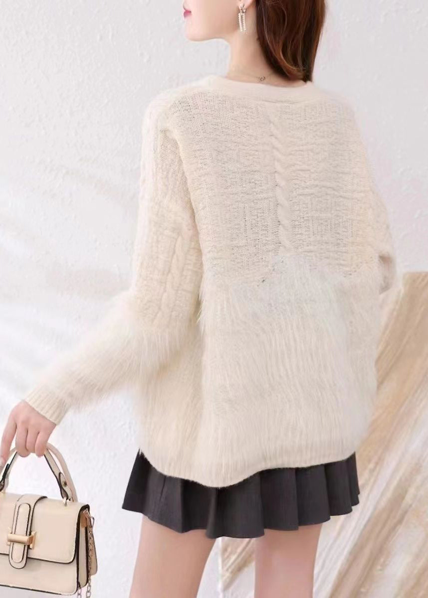 Khaki V Neck Patchwork Mink Hair Knitted Cardigan Fall