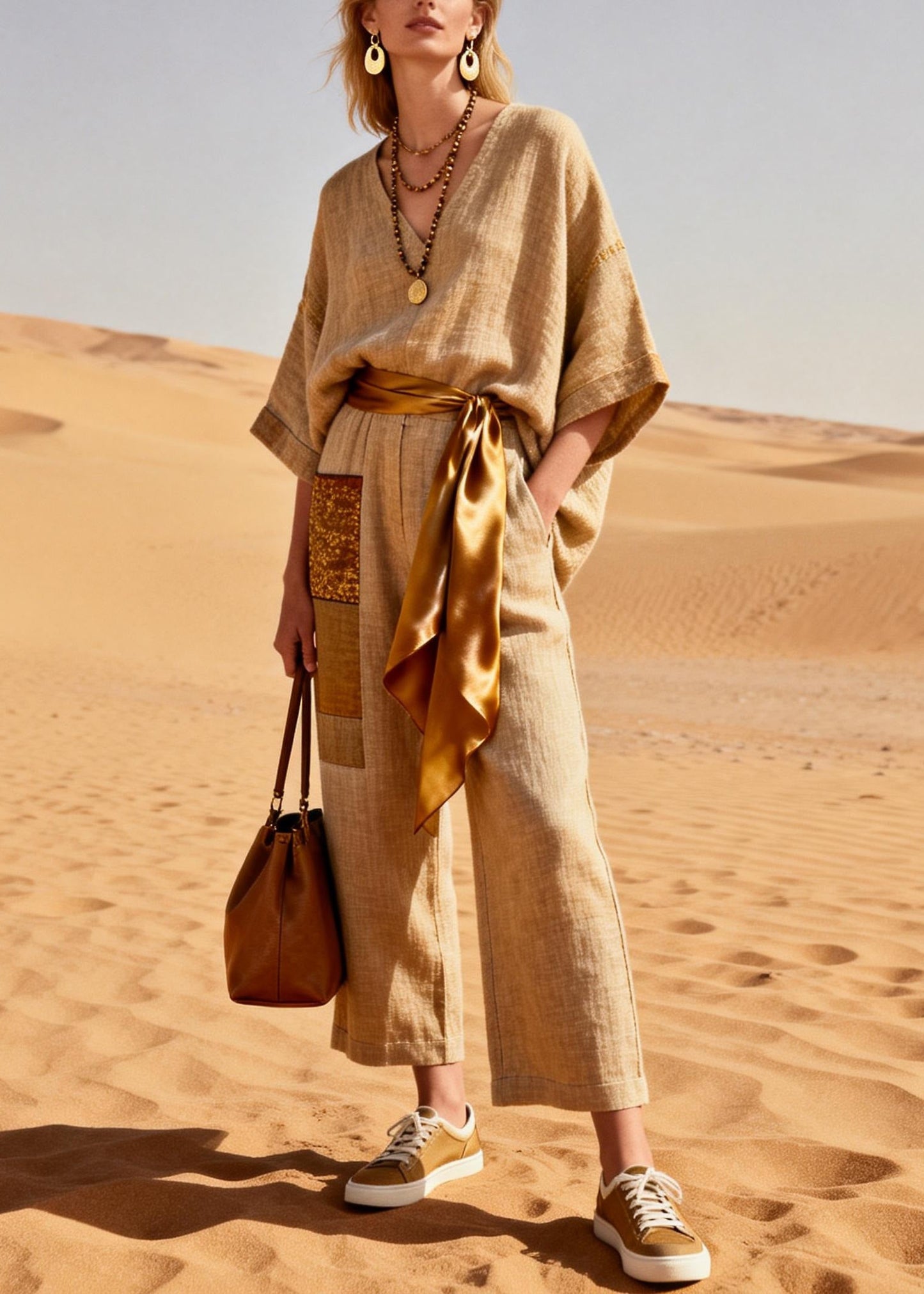 Khaki V Neck Pockets Tie Waist Patchwork Linen Jumpsuit Summer
