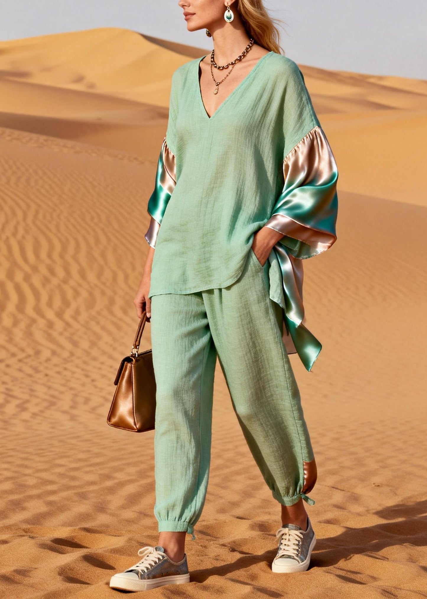 Lake Green Oversized Patchwork Tie Dye Cotton Two Pieces Set Spring