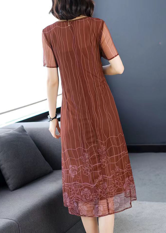 Light Brown O-neck Wrinkled Patchwork Chiffon Dress Half Sleeve