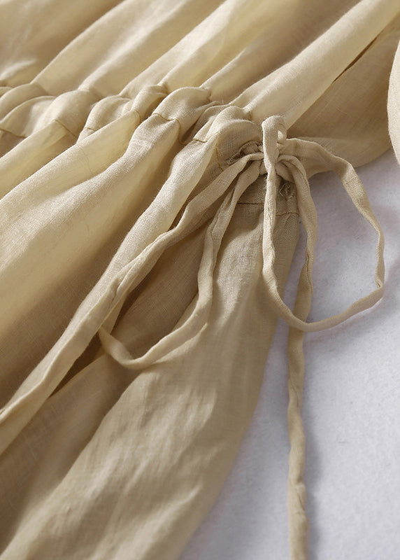 Light Khaki O Neck Lace Up Cotton Dress Summer