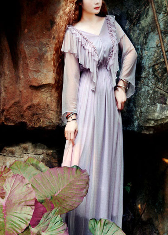 Light Purple V Neck Ruffles Tulle Long Dress Spring