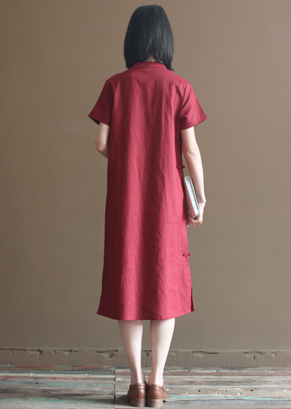 Mulberry Mandarin Collar Oriental Button Side Open Cotton Linen Dresses Short Sleeve