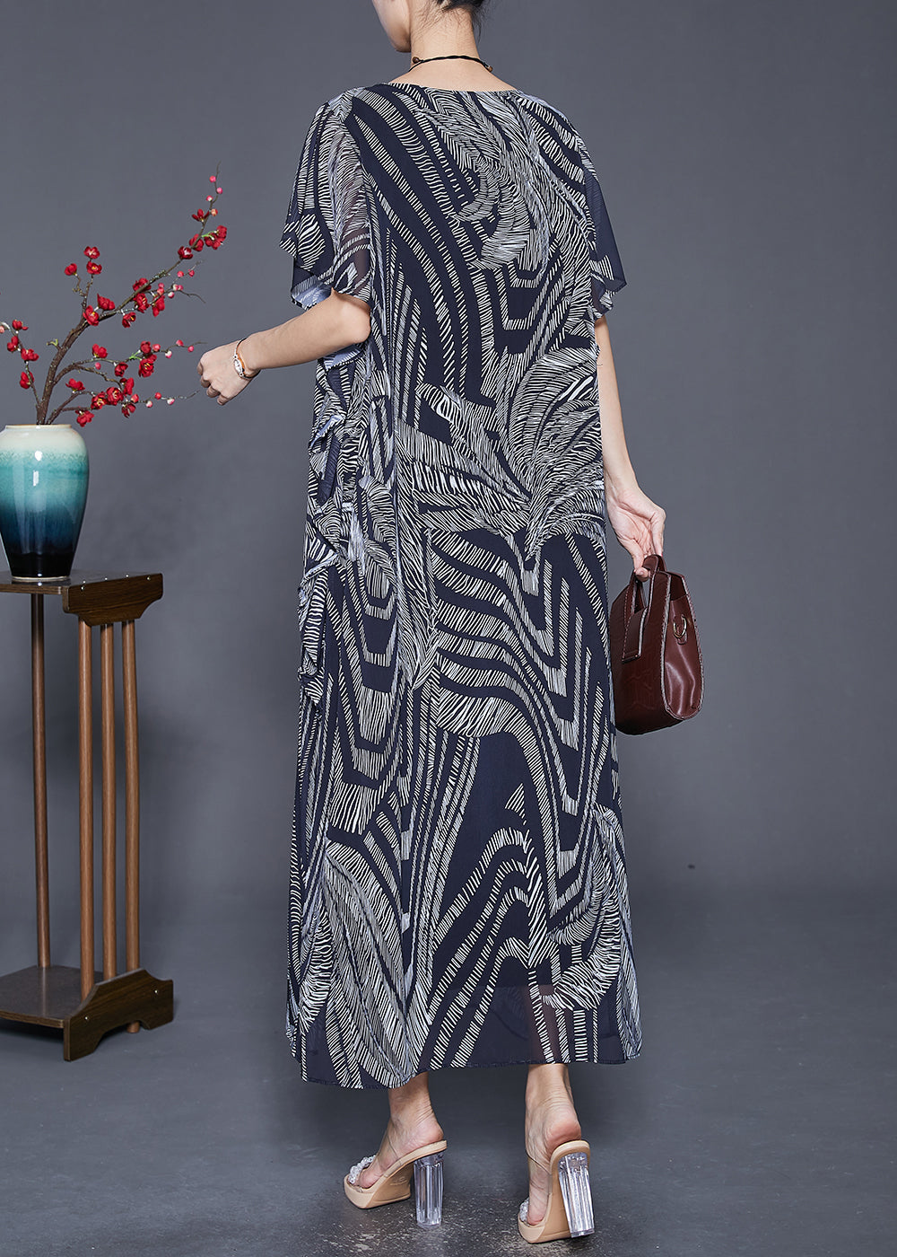 Navy Print Exra Large Hem Chiffon Holiday Dress Butterfly Sleeve