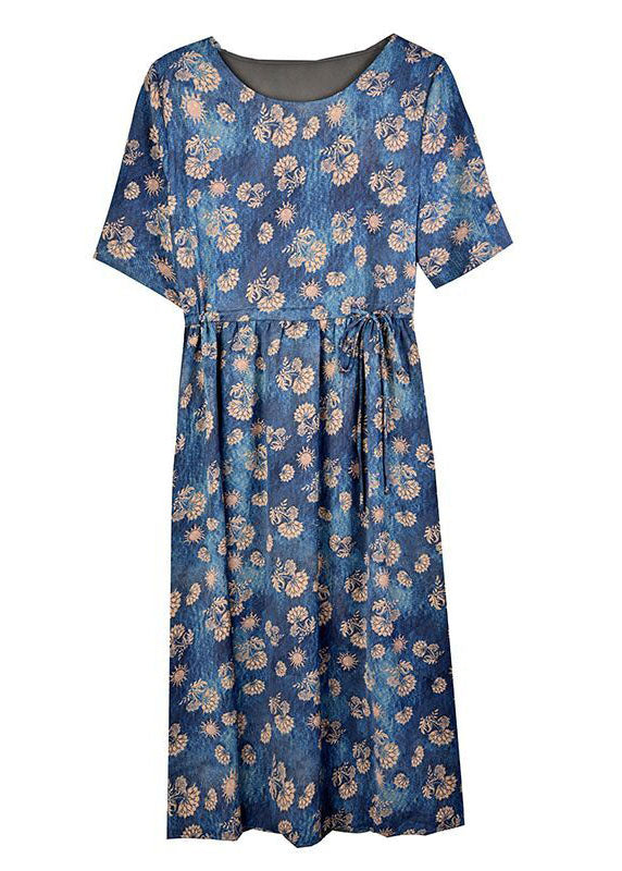 Navy Tie Waist Print Silk Robe Dresses Summer