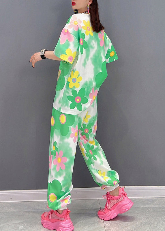 O-neck Print Top and Pants Chiffon Two Piece Set Summer