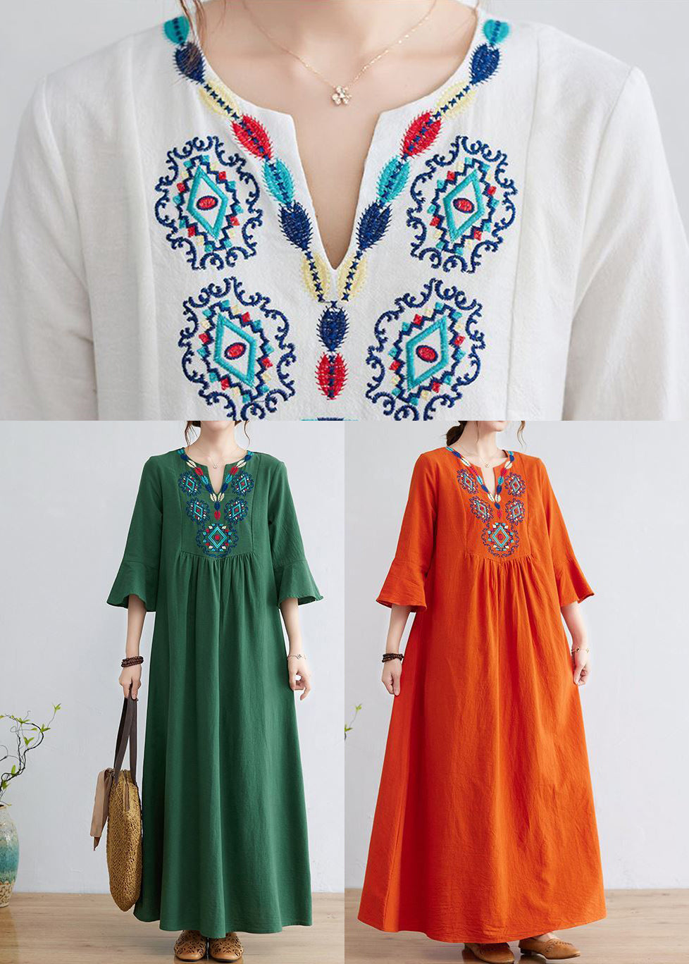 Orange Embroideried Wrinkled Cotton Maxi Dress Bracelet Sleeve
