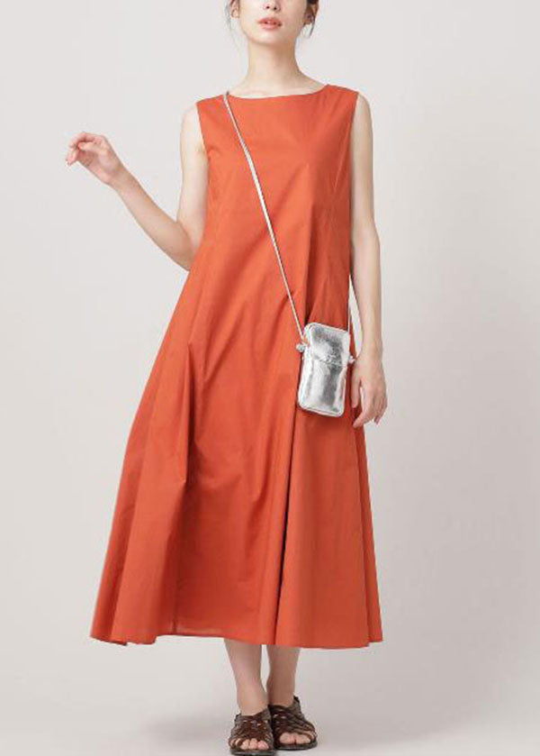Orange O Neck Wrinkled Exra Large Hem Cotton Dresses Sleeveless