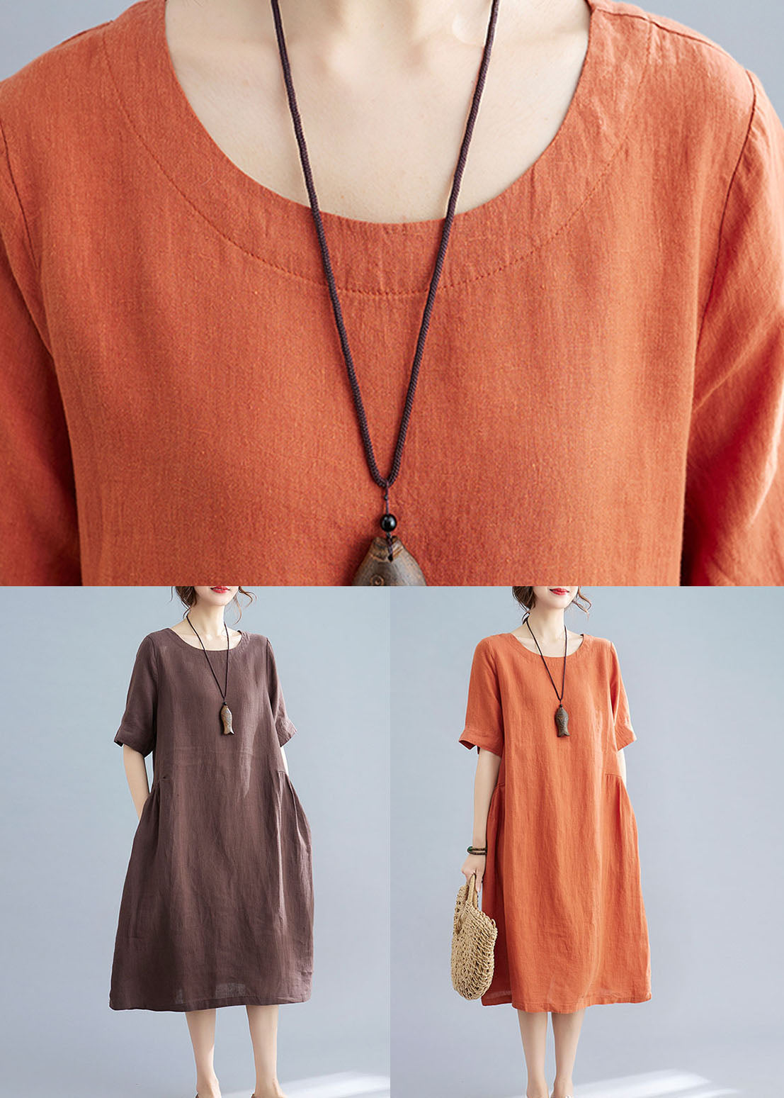 Orange O Neck Wrinkled Patchwork Cotton Dress Summer