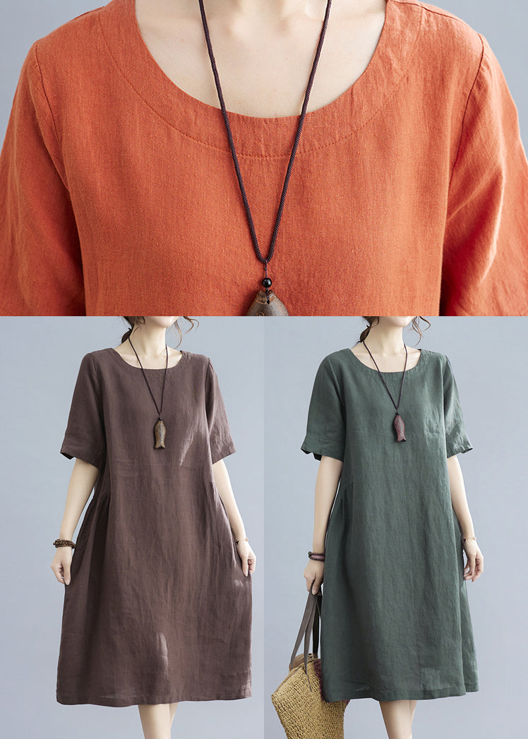 Orange O-neck Linen Dresses Short Sleeve