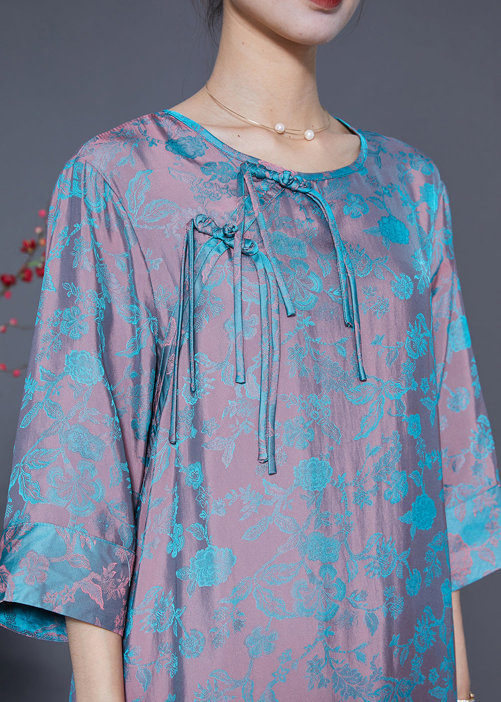 Pink Blue Jacquard Tassel Chinese Button Silk Vacation Dresses Bracelet Sleeve