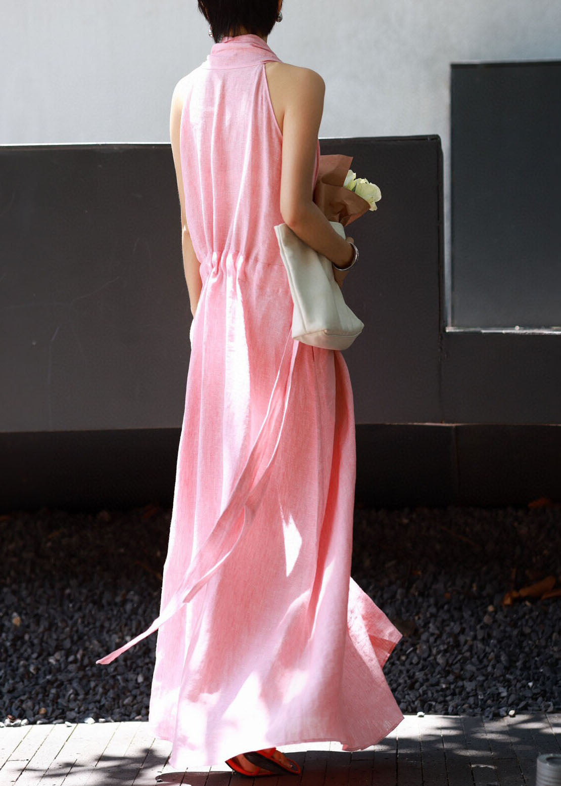 Pink Cold Shoulder Drawstring Linen Halter Dresses Summer