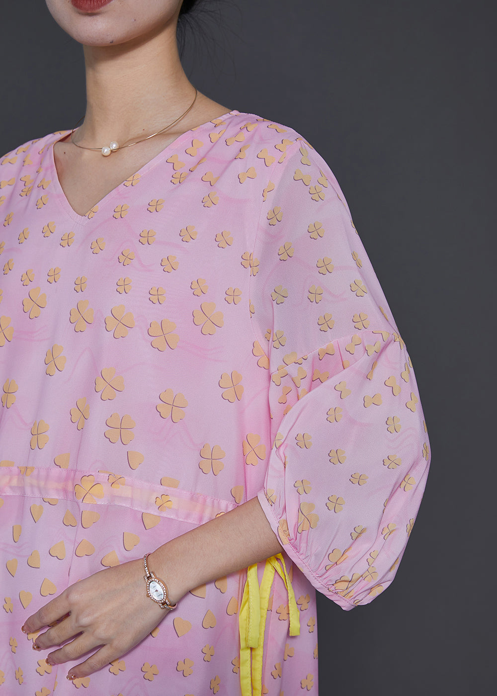 Pink Print Drawstring Cotton Maxi Dresses Bracelet Sleeve