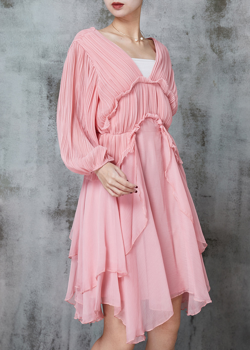 Pink Ruffled Wrinkled Chiffon Mid Dress Spring