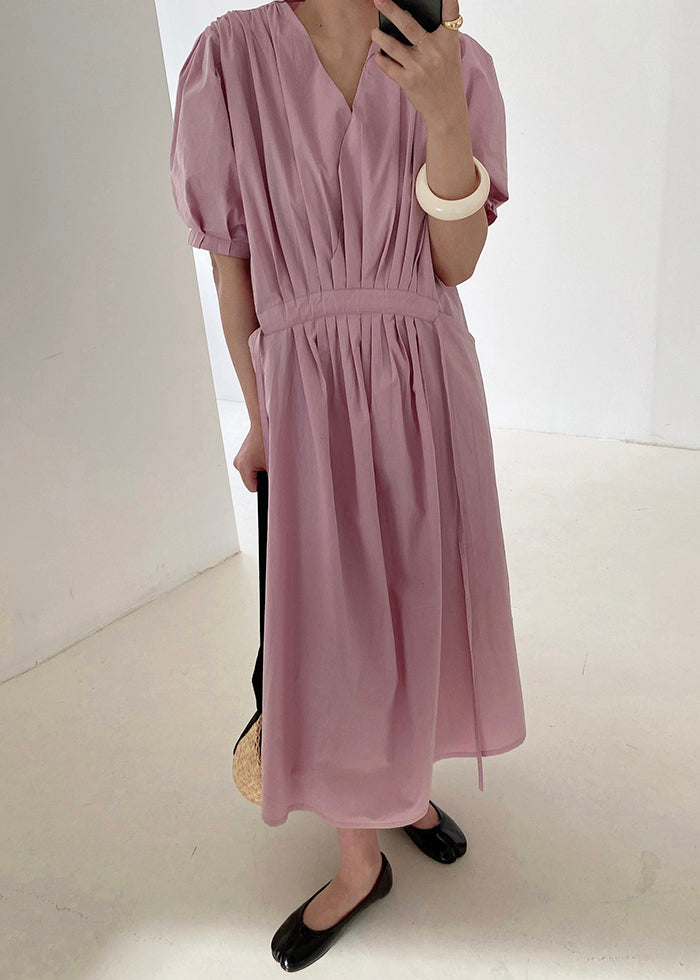 Pink Wrinkled Pockets Tie Waist Cotton Long Dresses Summer