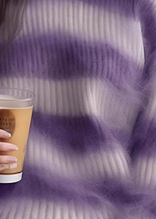 Purple O Neck Striped Cozy Knit Sweater Spring