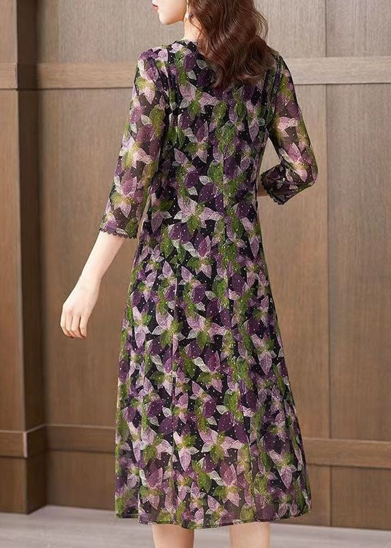 Purple V Neck Print Patchwork Tulle Dress Bracelet Sleeve