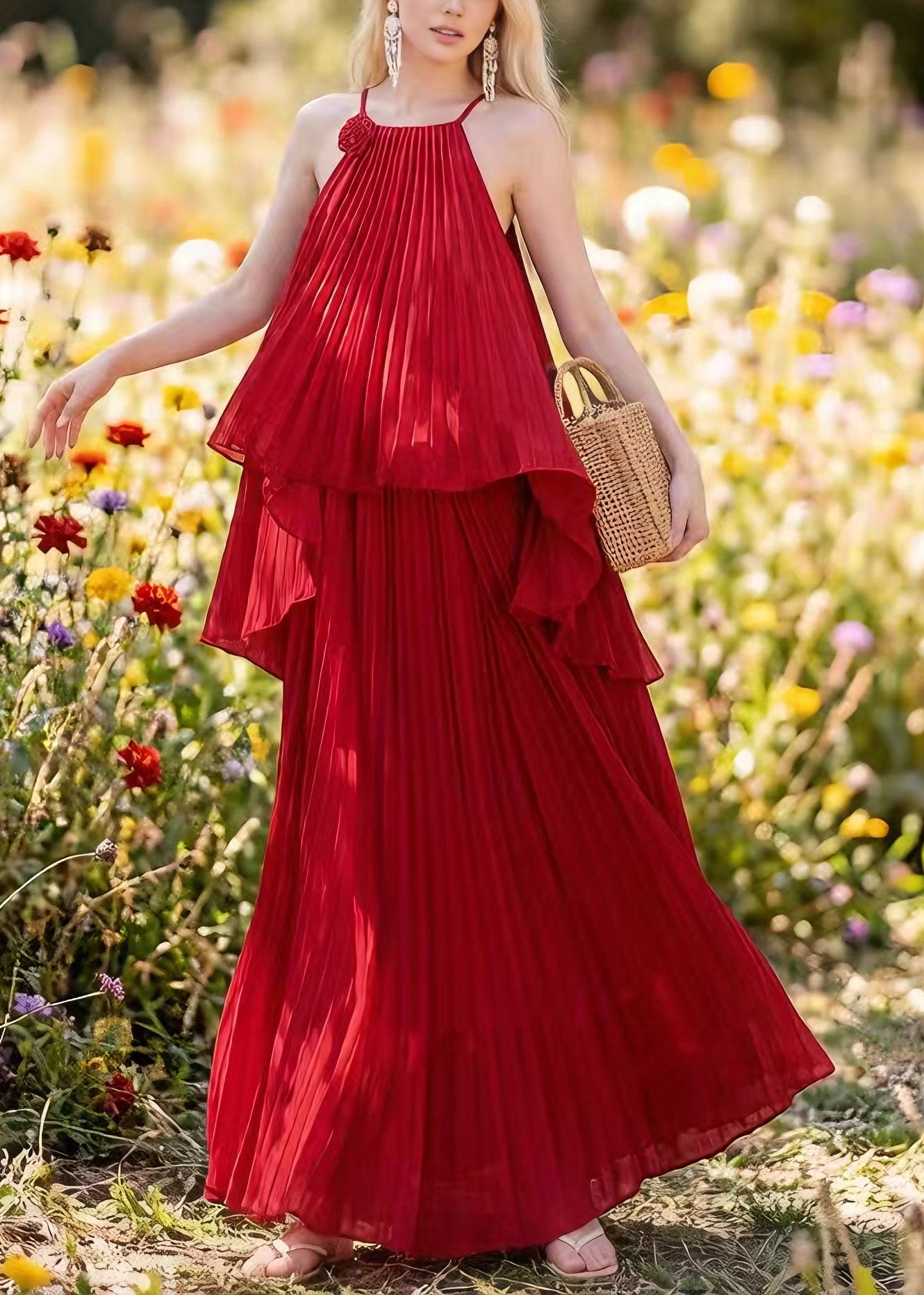 Red Asymmetrical Pleated Chiffon Two Pieces Set Summer