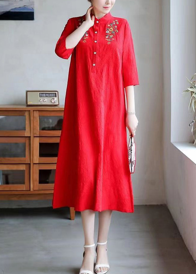 Red Embroidered Button Cotton Dress Half Sleeve