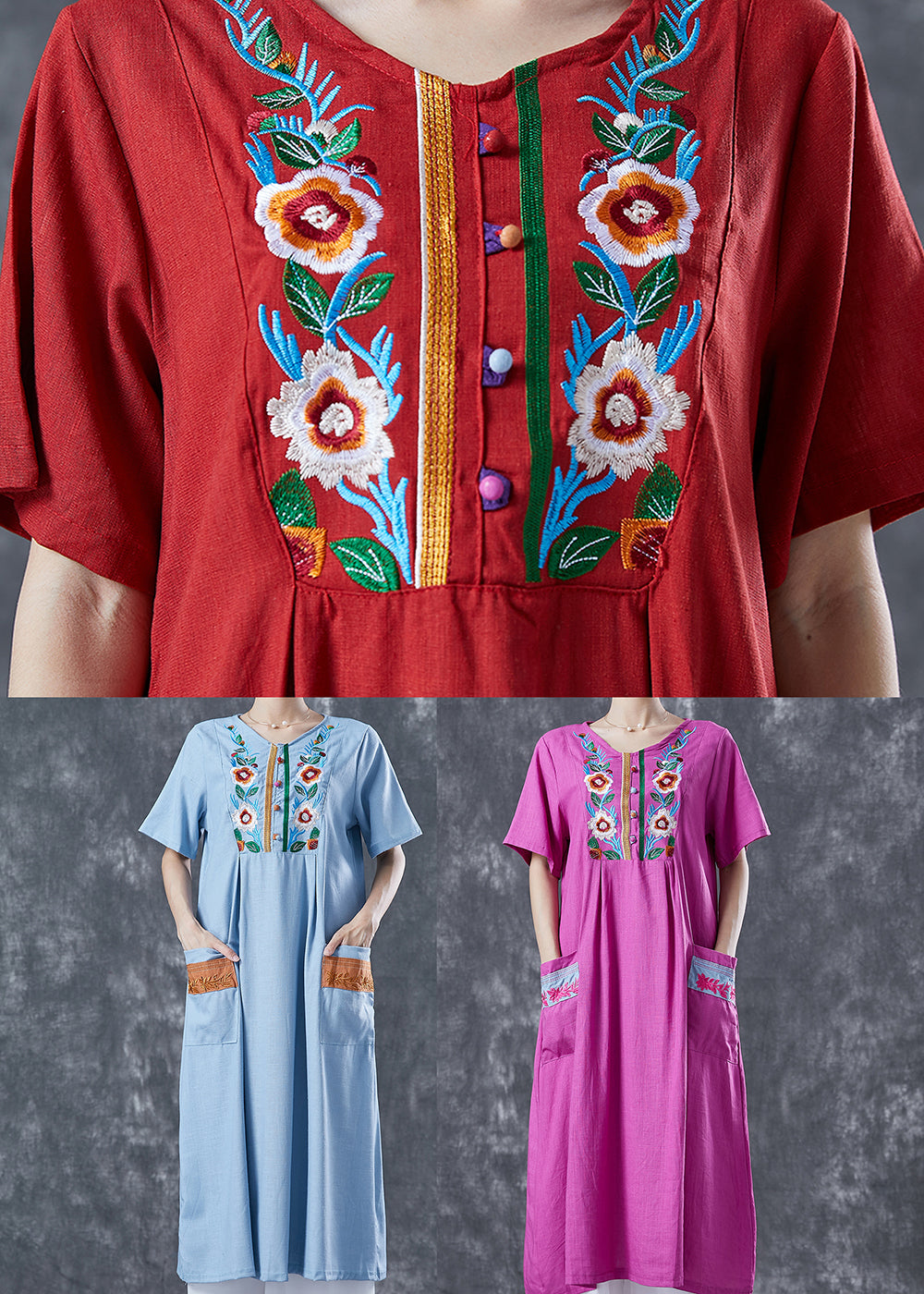 Red Embroideried Patchwork Linen Dress Summer