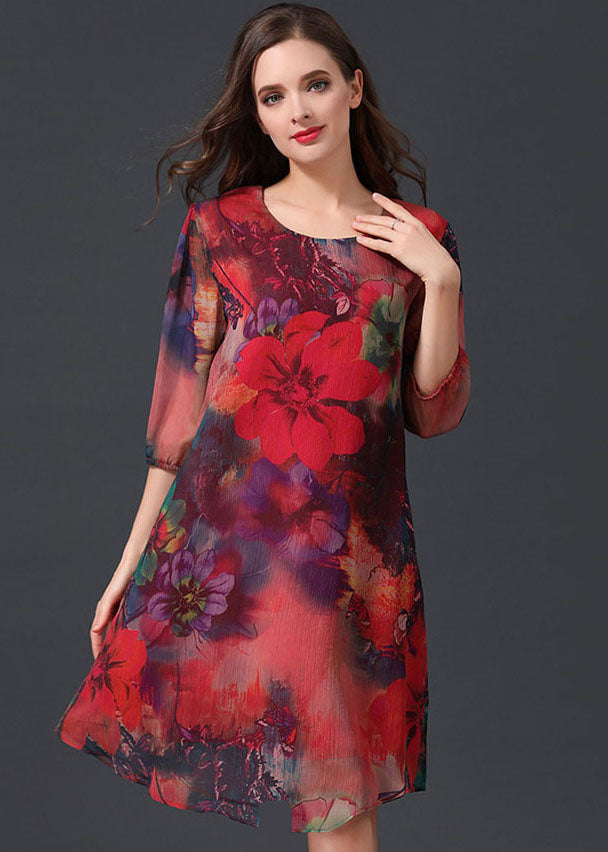 Red O Neck Print Patchwork Chiffon Mid Dress Summer