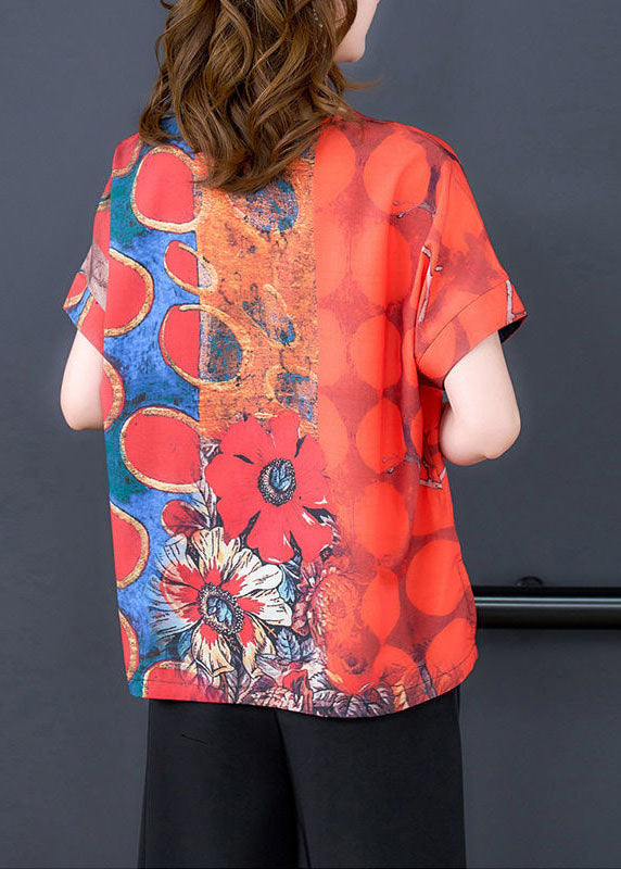 Red O-neck Print Side Open Silk Top Summer