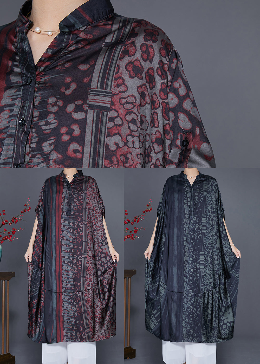 Red Oversized Print Silk Long Dress Summer