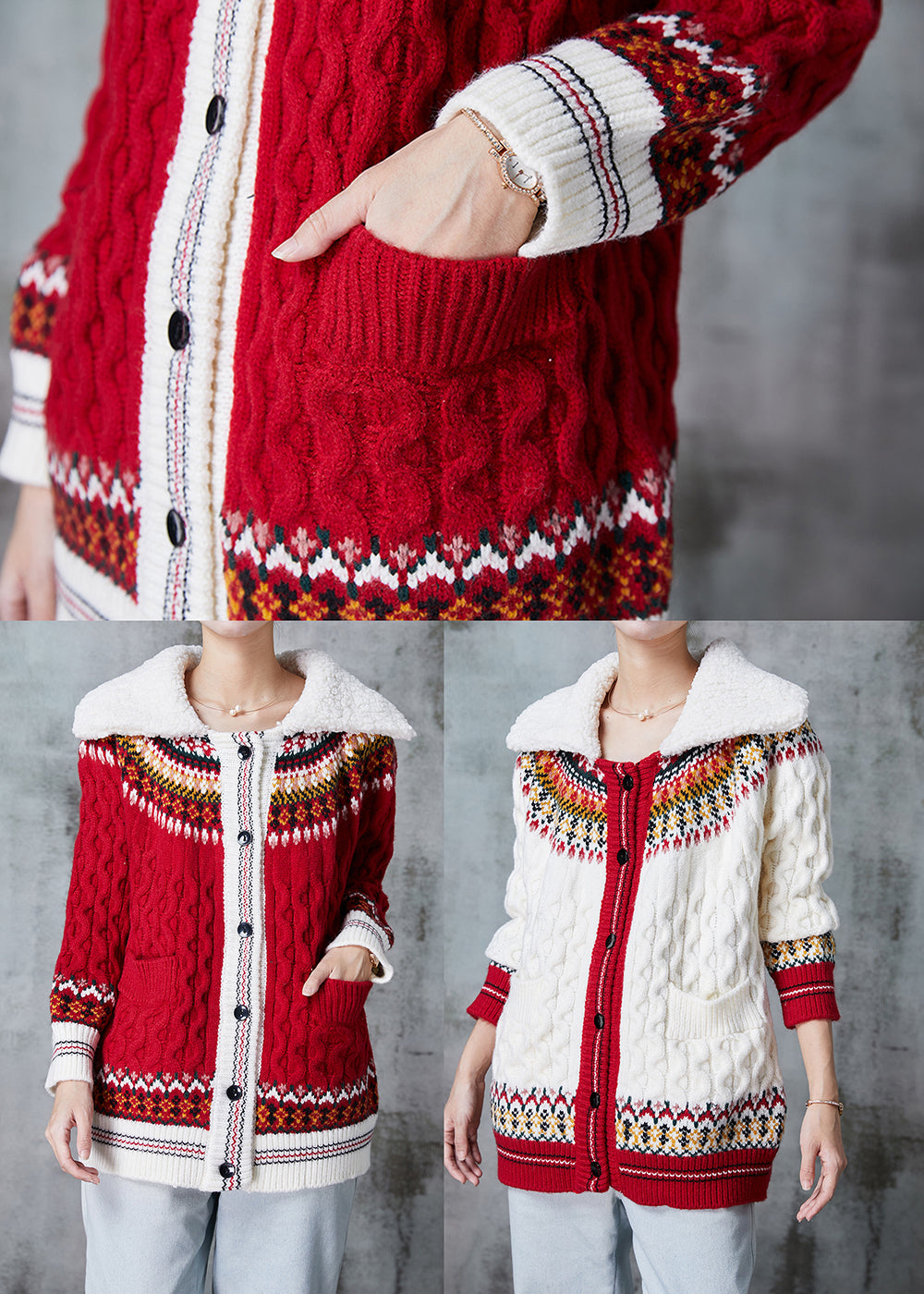 Red Peter Pan Collar Print Knit Cardigan Spring