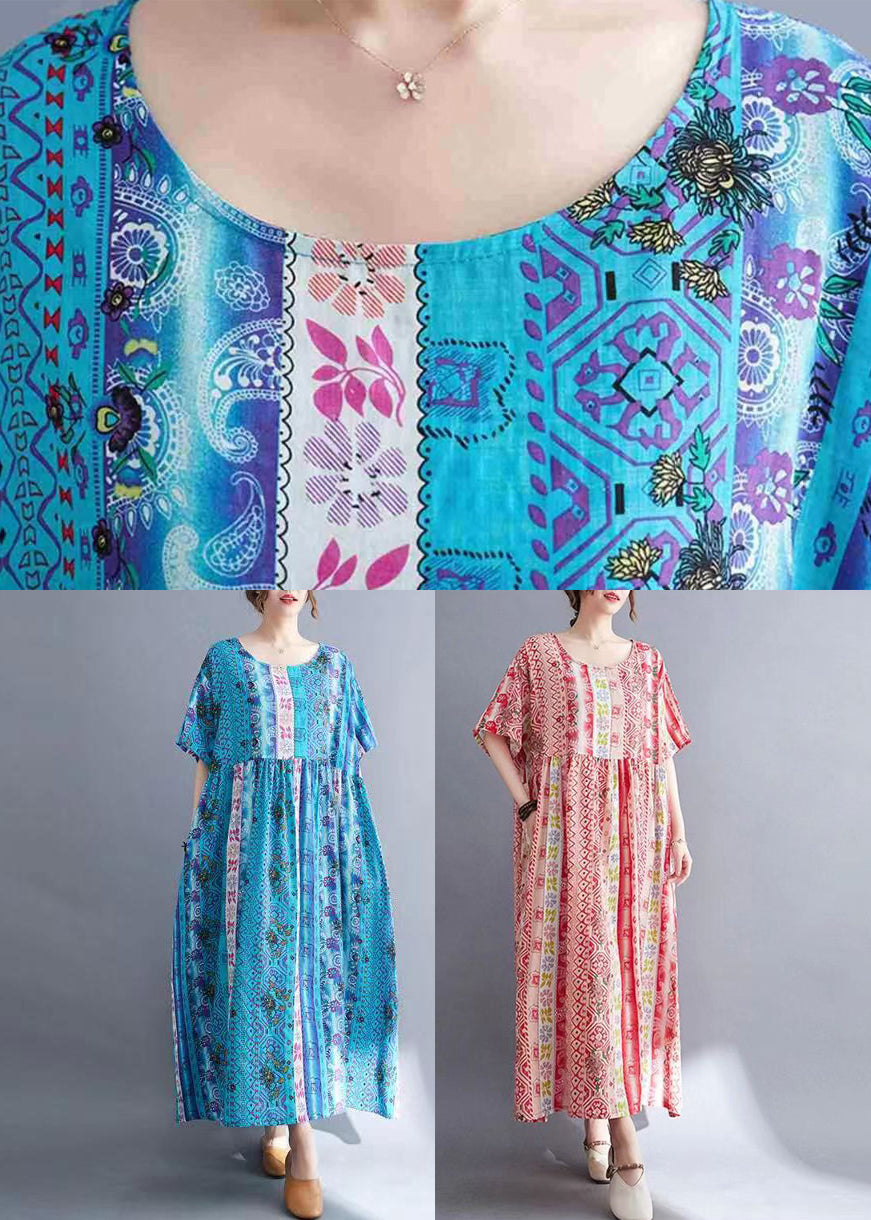 Red Print Wrinkled Long Dresses Short Sleeve