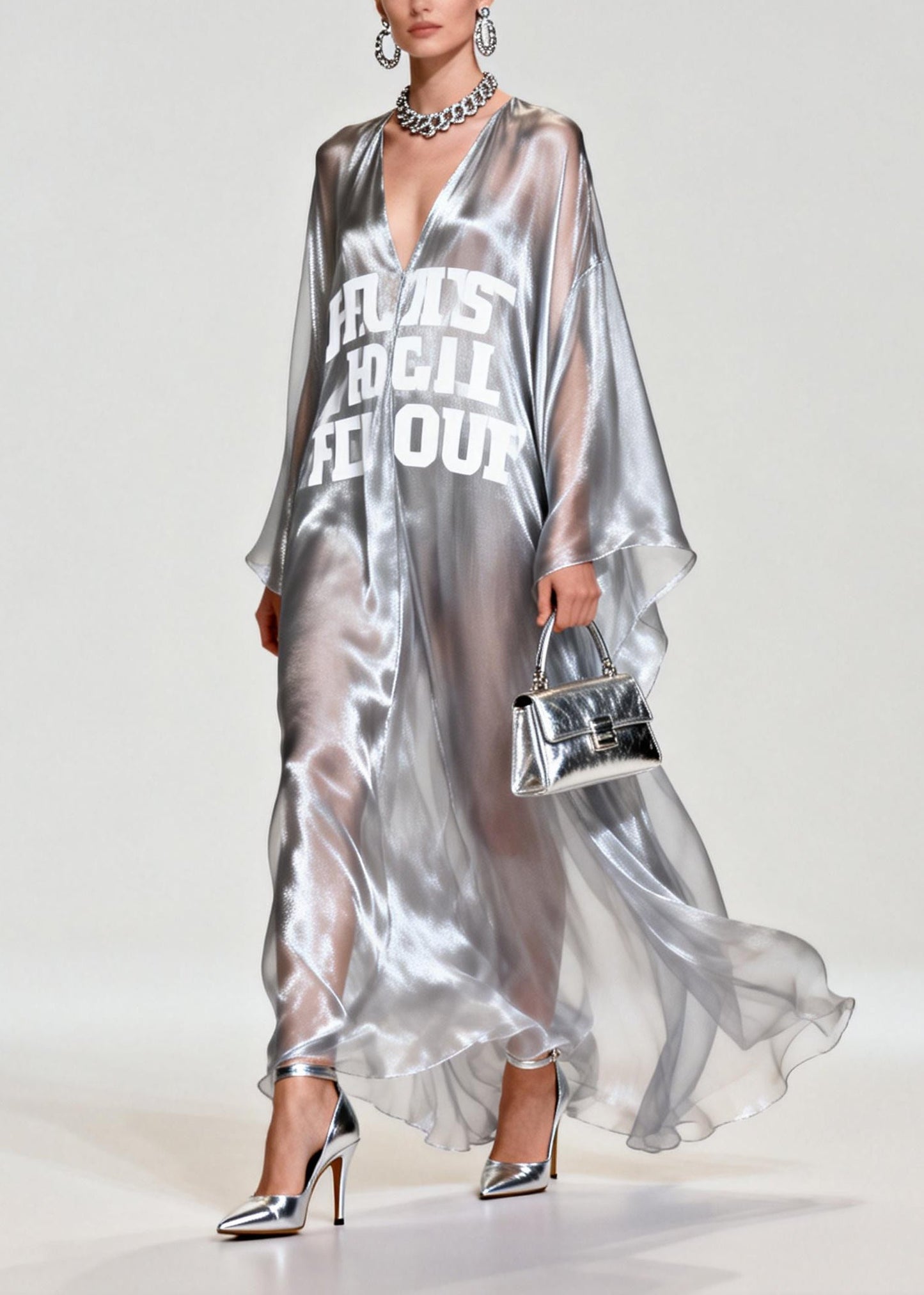 Silvery Letter Print Exra Large Hem Chiffon Beach Dresses Summer