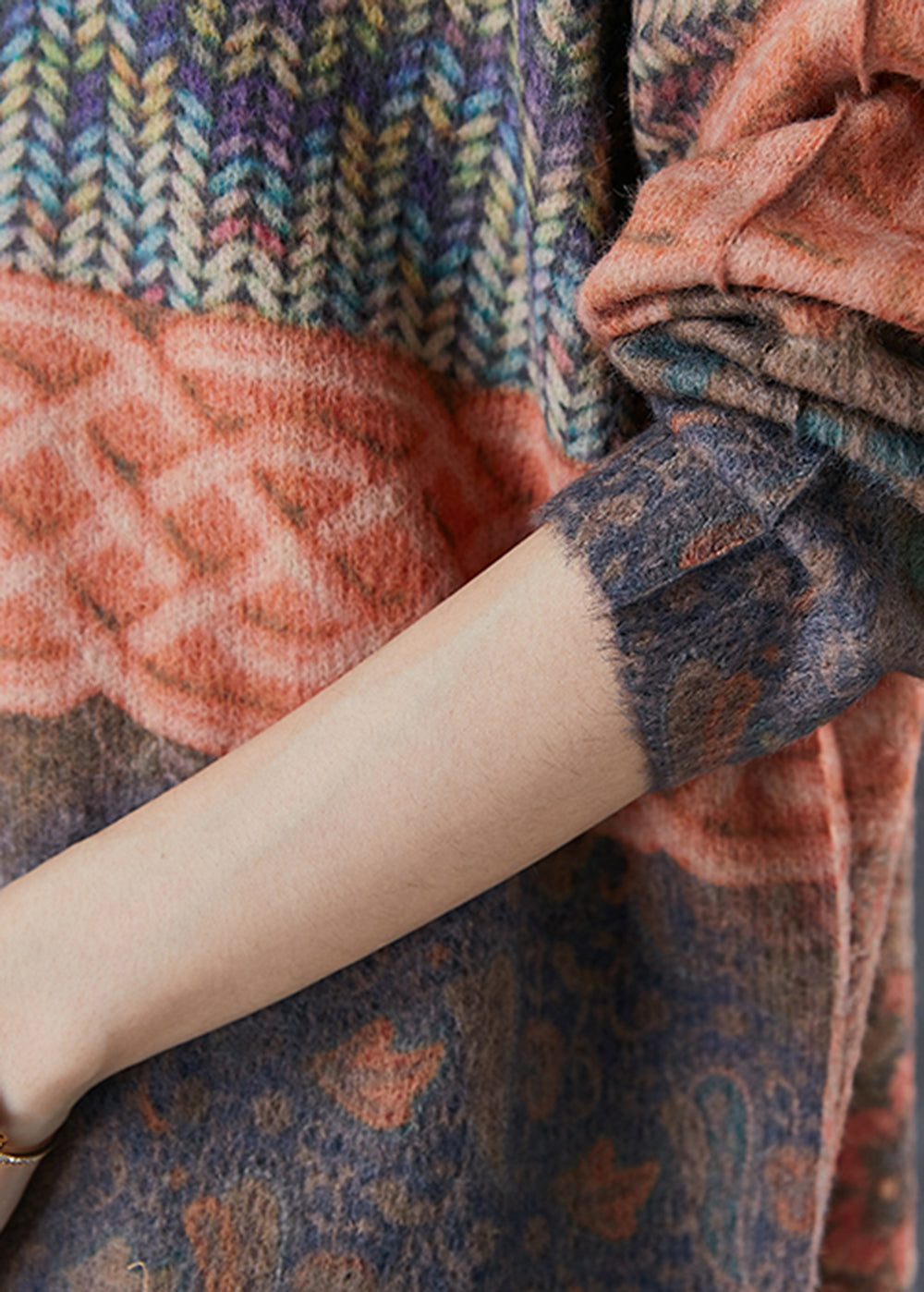 Stand Collar Print Warm Knitted Tops Winter