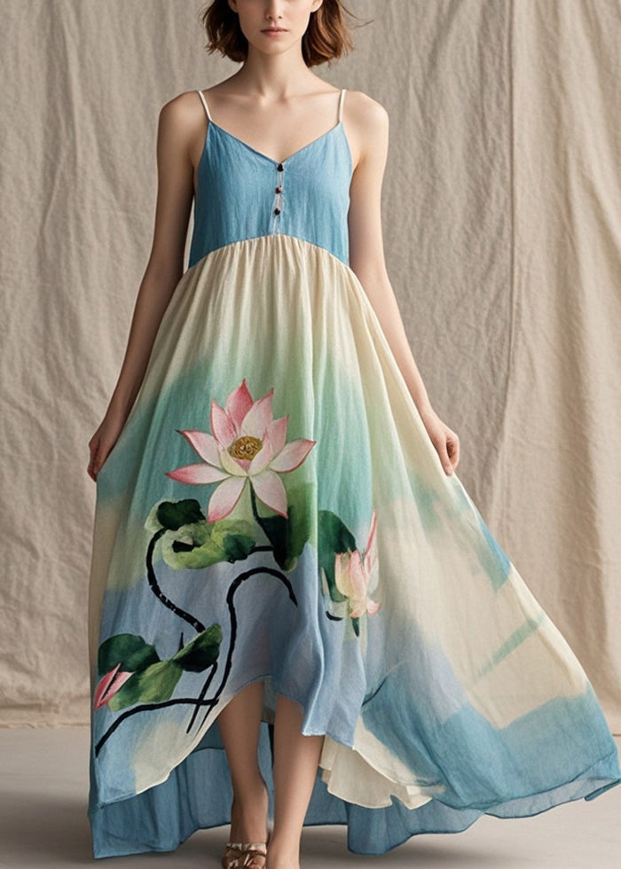 Tie Dye Lotus Print Cotton Spaghetti Strap Dress Summer