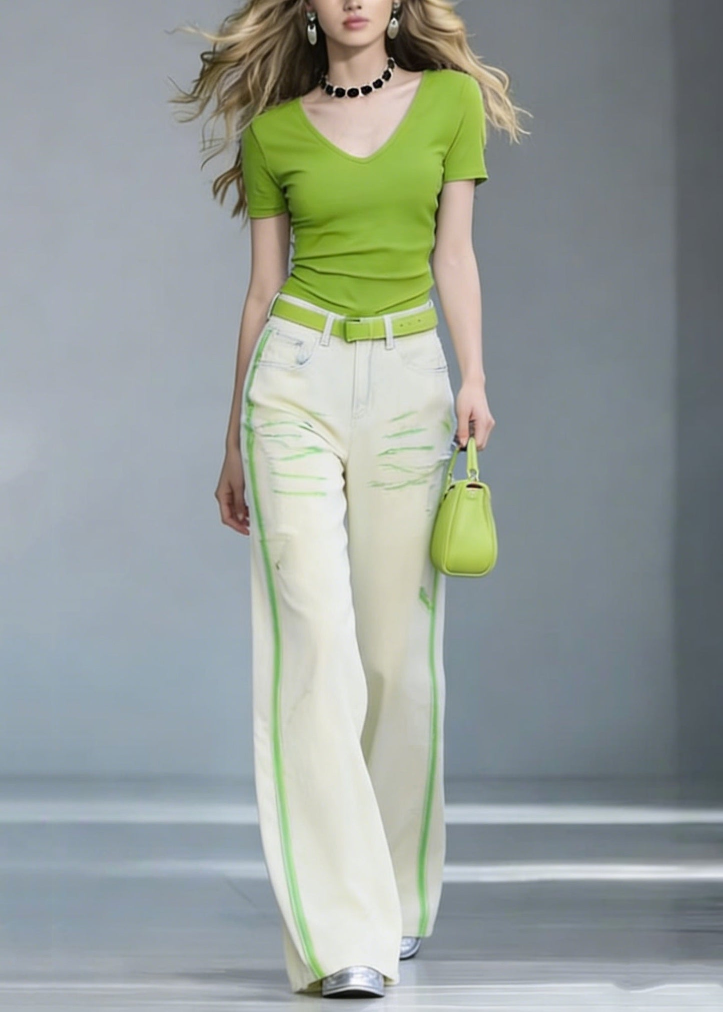 V Neck Cotton T Shirt and Jeans Two Pieces Set Summer