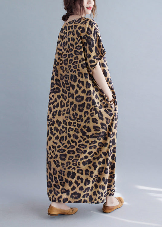 V Neck Leopard Print Silk Long Dresses Summer