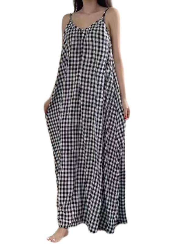 V Neck Plaid Cotton Spaghetti Strap Dress Sleeveless