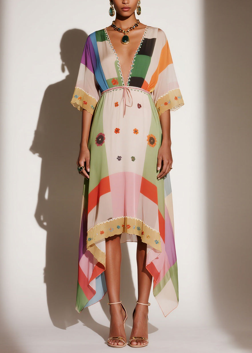 V Neck Print Asymmetrical Chiffon Long Dresses Summer