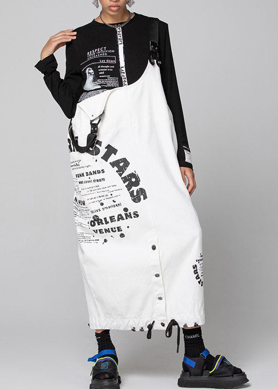 White Graphic Denim Drawstring Dresses Spring